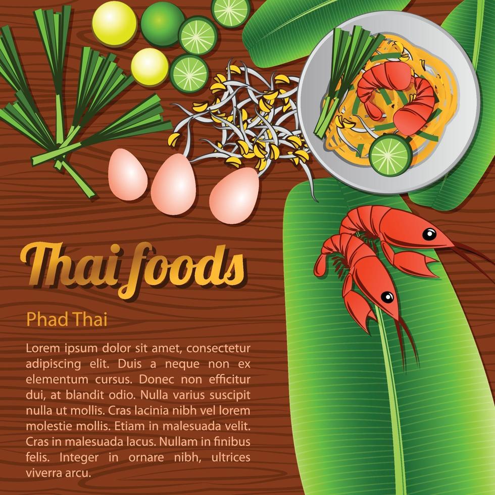 Thai delicious and famous food fried noodle stick with shrimp Pad Thai with wooden background and ingredient vector