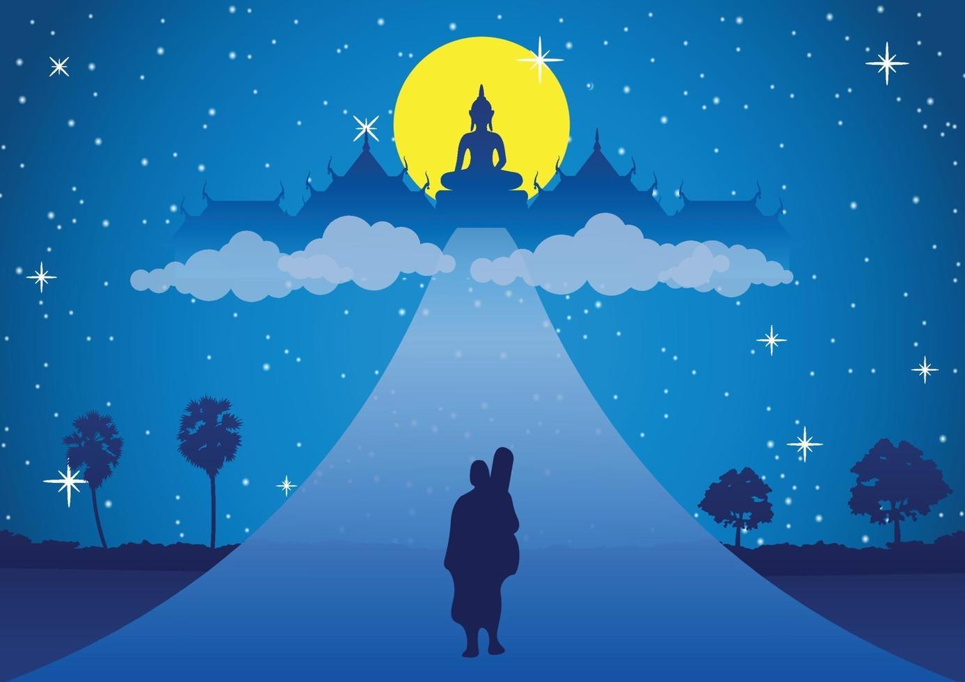monk walks on the road to heaven on full moon night vector