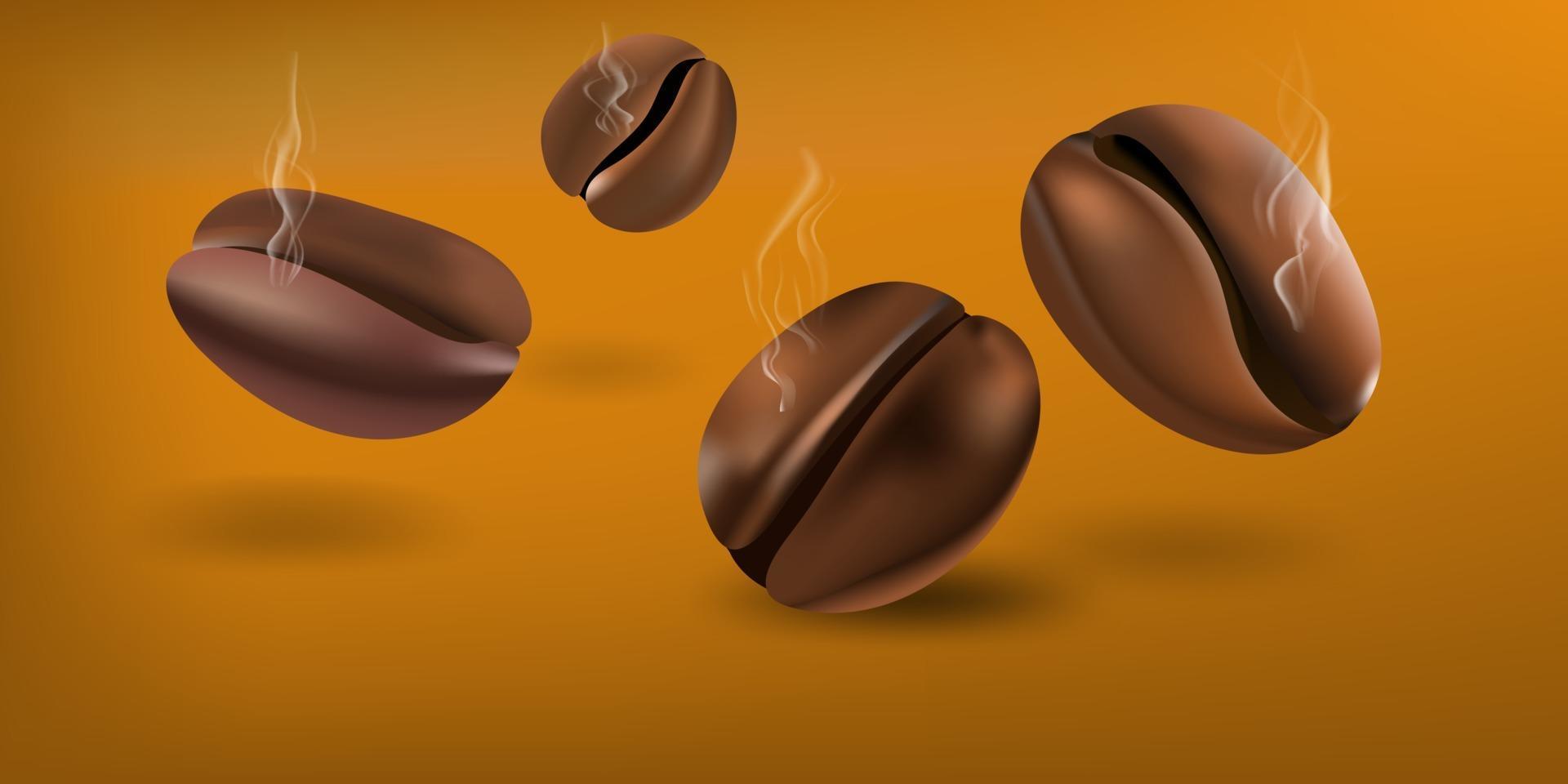 Vector illustration,Closeup Falling roasted coffee beans with smoke on banner background