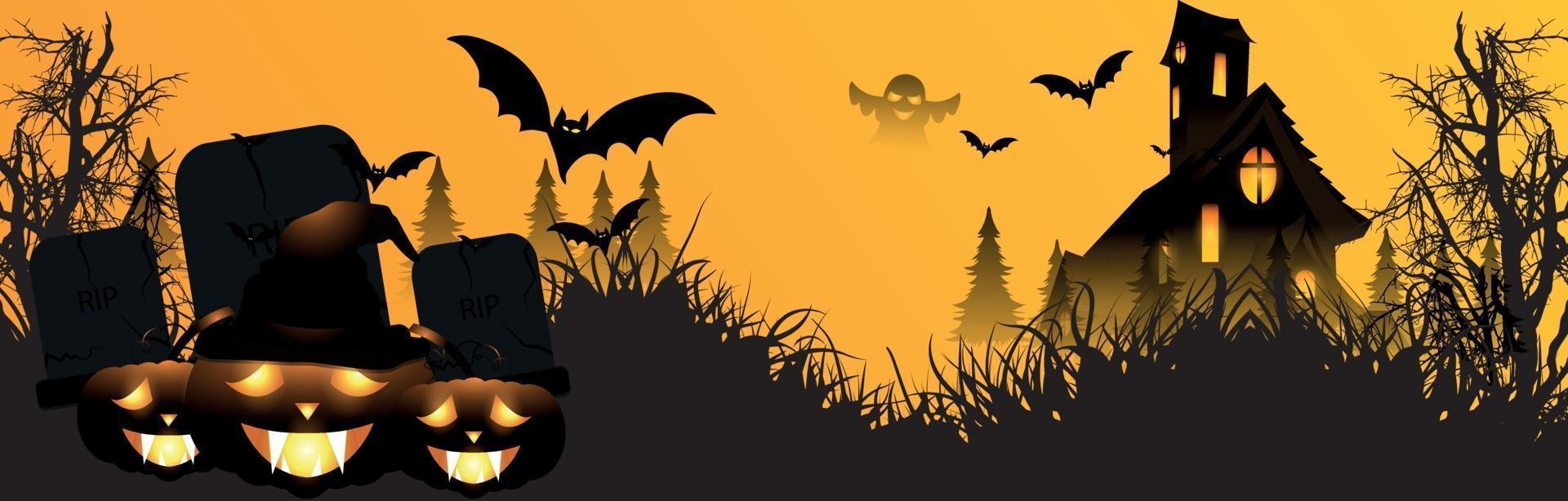 Banner de fiesta de feliz halloween con calabaza resplandeciente de la casa embrujada y murciélagos voladores vector