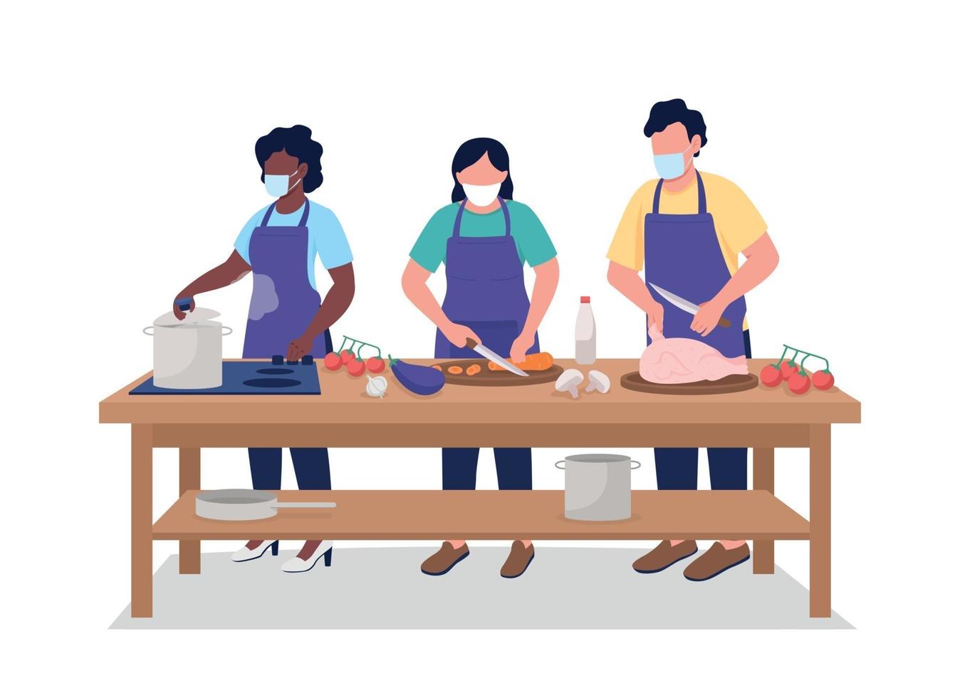 Man and women at cooking class flat color vector faceless character