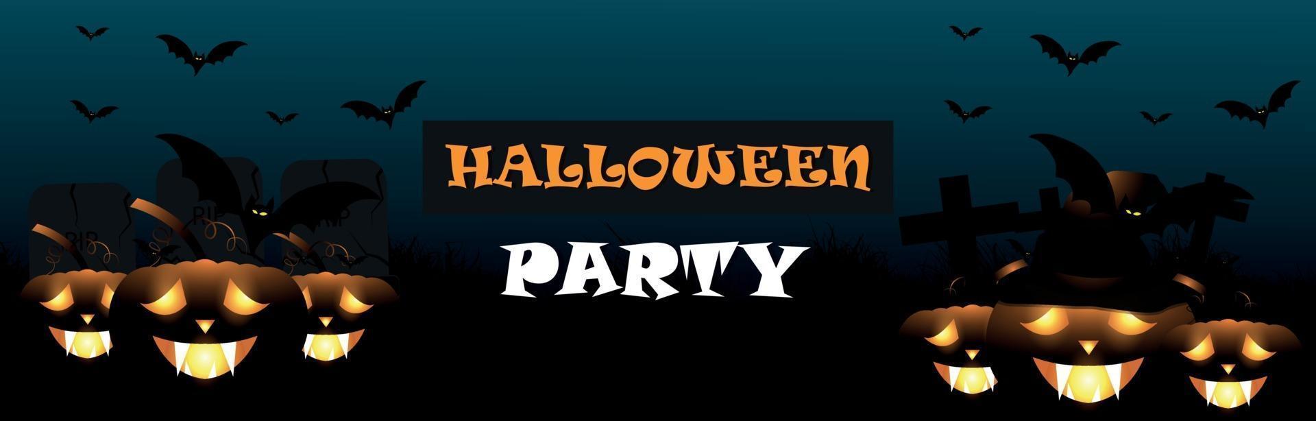 Banner de fiesta de Halloween con calabaza brillante, murciélagos voladores sobre fondo de terror vector