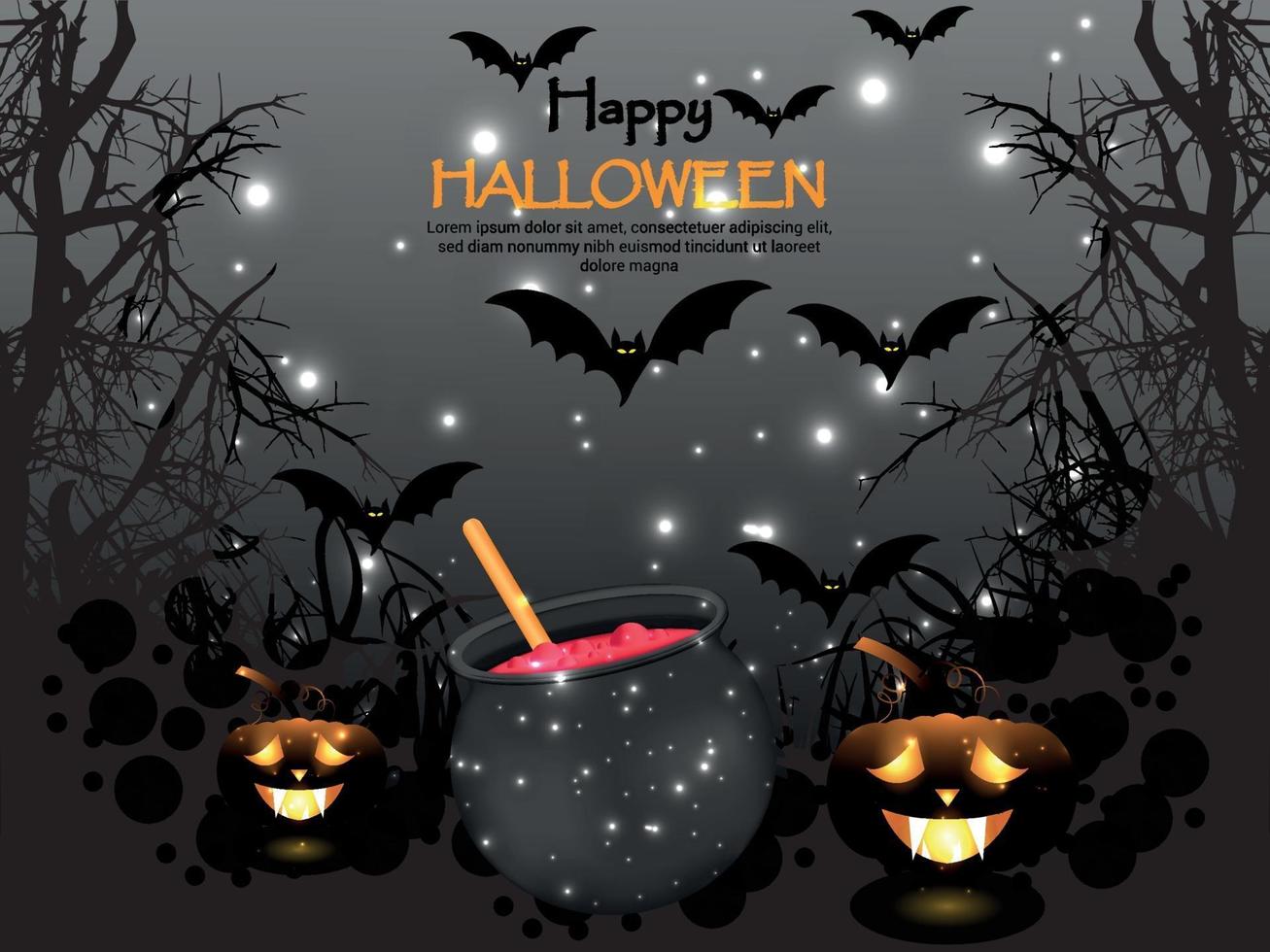 Horror background for happy halloween with glowing pumpkin, magic pot and flying bats vector