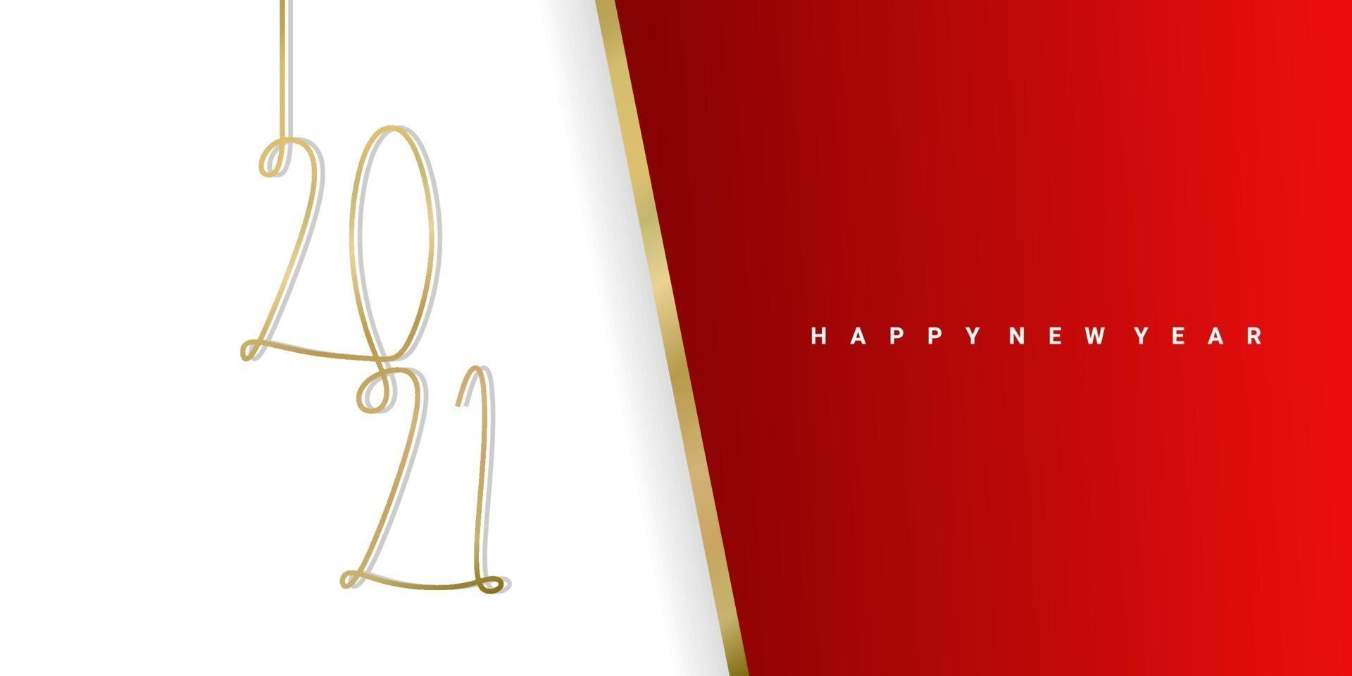Happy new 2021 year with red and white background. Elegant gold text minimalistic vector illustration template.