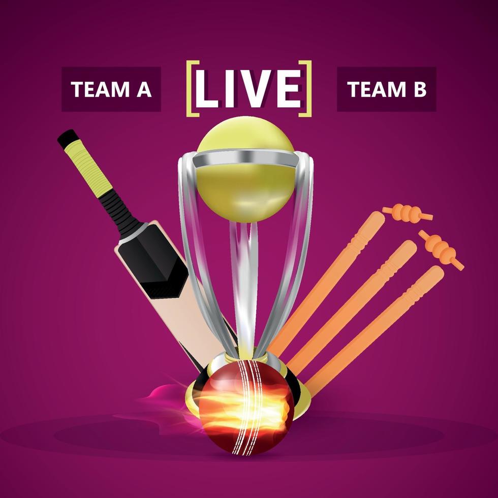 Cricket live tournament with gold trophy and wicket vector