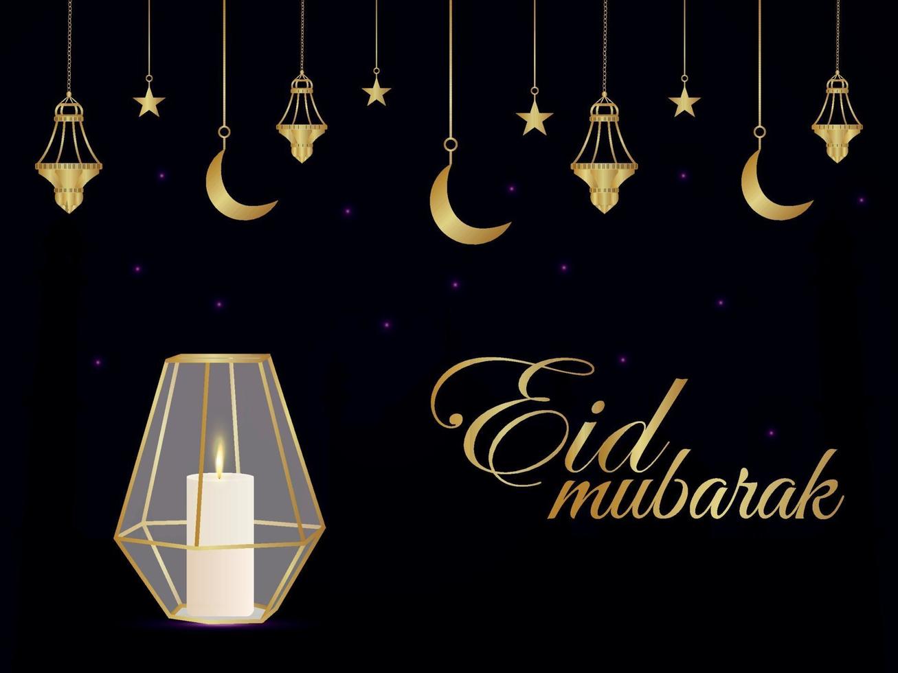 Eid mubarak celebration greeting card with  vector crystal gold lantern