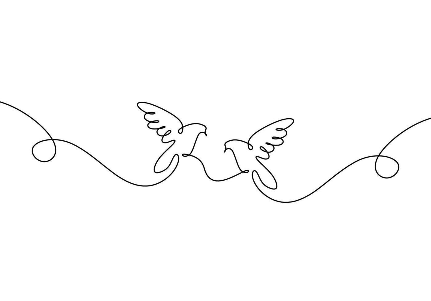 Continuous one line drawing of Flying two pigeons couple romantic. Black and white vector illustration. Romance theme good for valentine card.