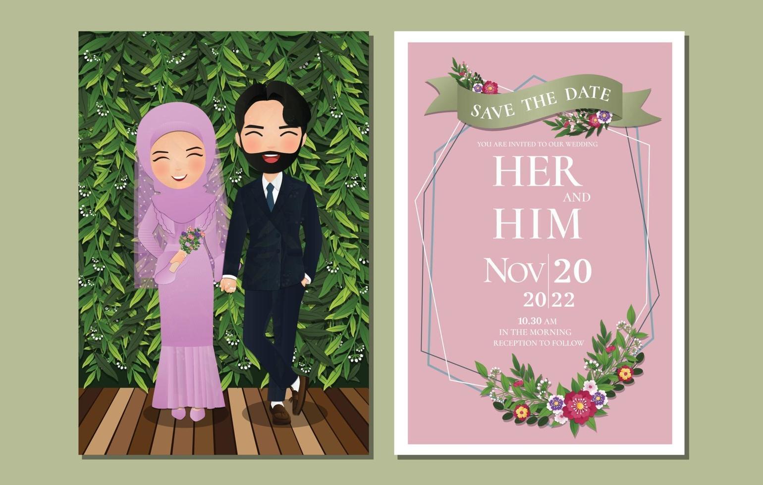 Tarjeta de invitación de boda la novia y el novio linda pareja musulmana personaje de dibujos animados con hojas verdes background.vector ilustración vector