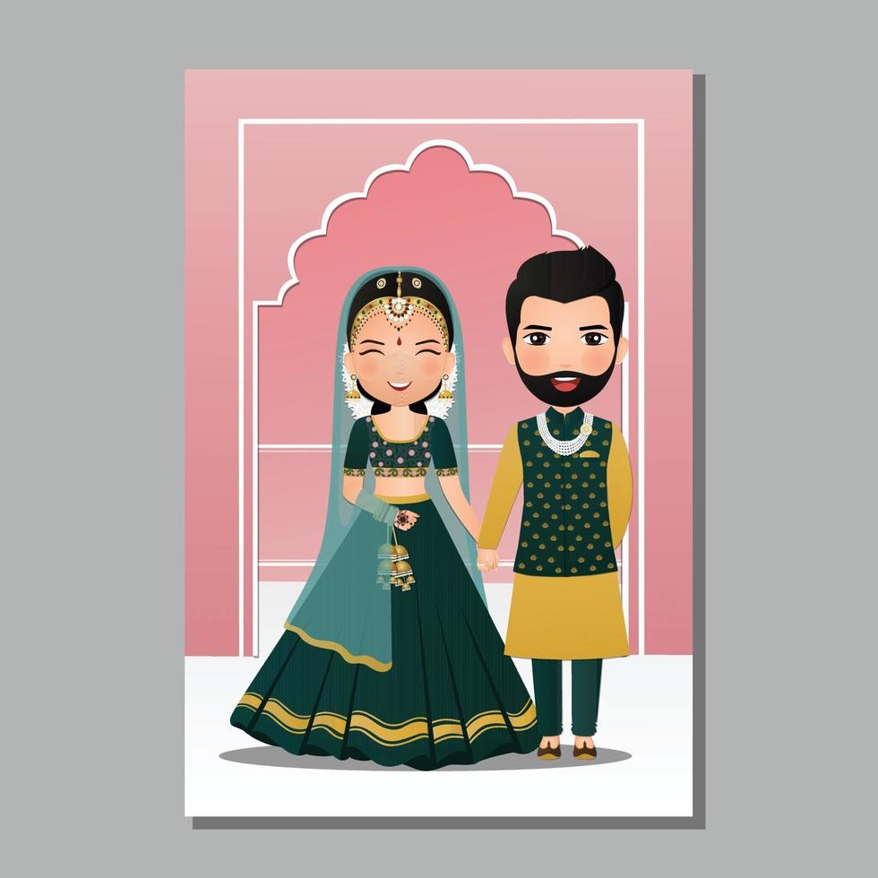 tarjeta de invitación de boda la novia y el novio linda pareja en personaje de dibujos animados de vestido indio tradicional. ilustración vectorial. vector