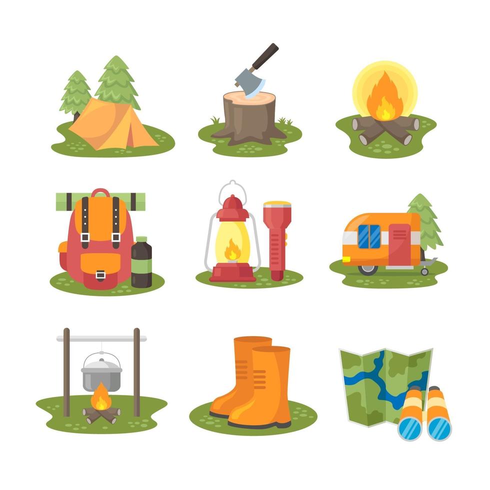 colección de iconos de camping en diseño plano vector