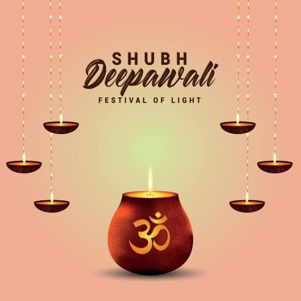 Shubh deepawali indian festival with glowing pot and oil lamp vector