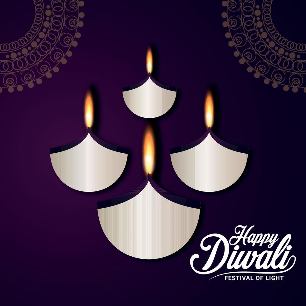 Feliz celebración de diwali tarjeta de felicitación con papel de diwali diya sobre fondo púrpura vector