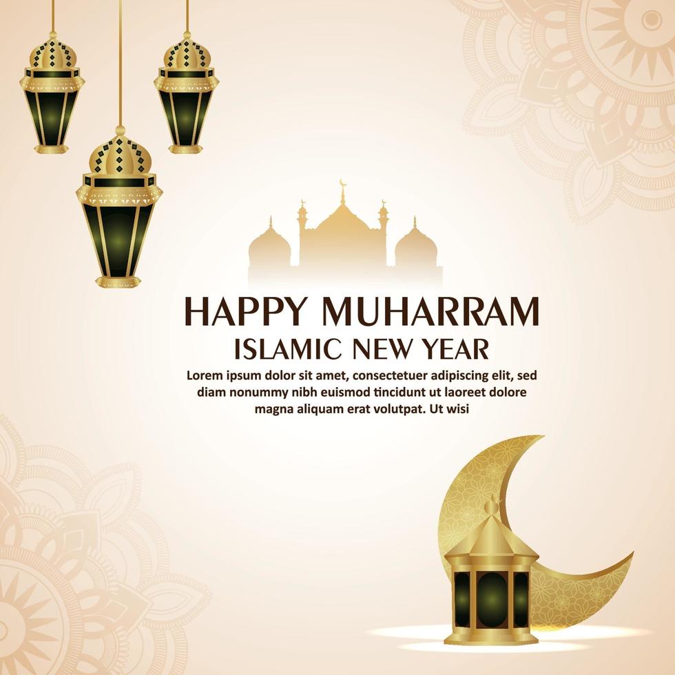 Happy muharram islamic new year with arabic pattern moon and lantern on white background vector