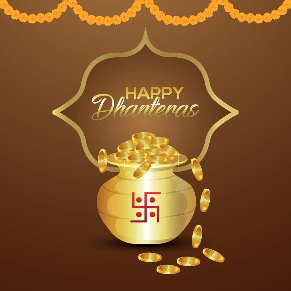 Feliz celebración de dhanteras tarjeta de felicitación con olla de monedas de oro sobre fondo creativo vector