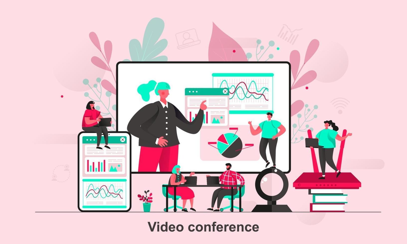 Video conference web concept design in flat style vector illustration