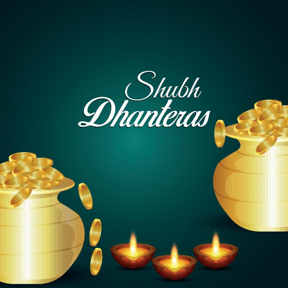 tarjeta de felicitación de celebración de shubh dhanteras con olla de monedas de oro vector