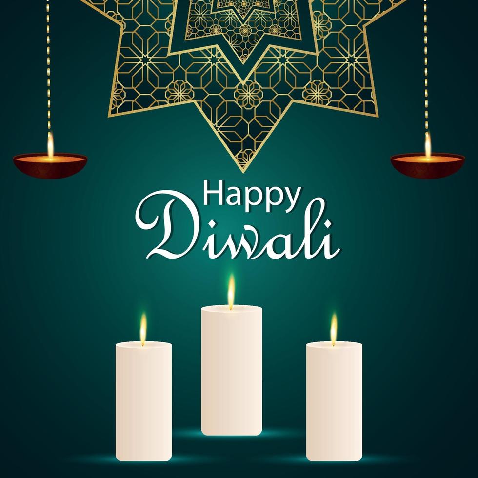 Happy diwali indian festival invitation greeting card with candle on pattern background vector