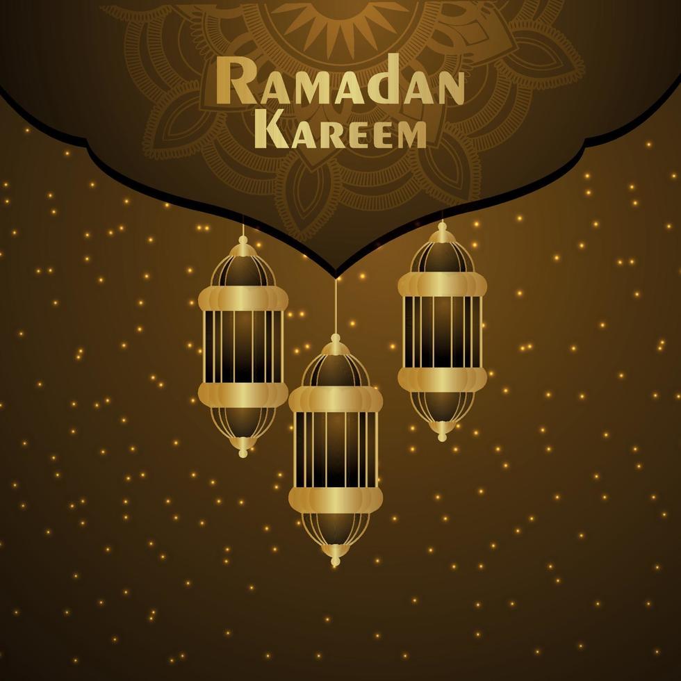 Ramadan kareem mubarak invitation greeting card on shiny background with golden lantern vector