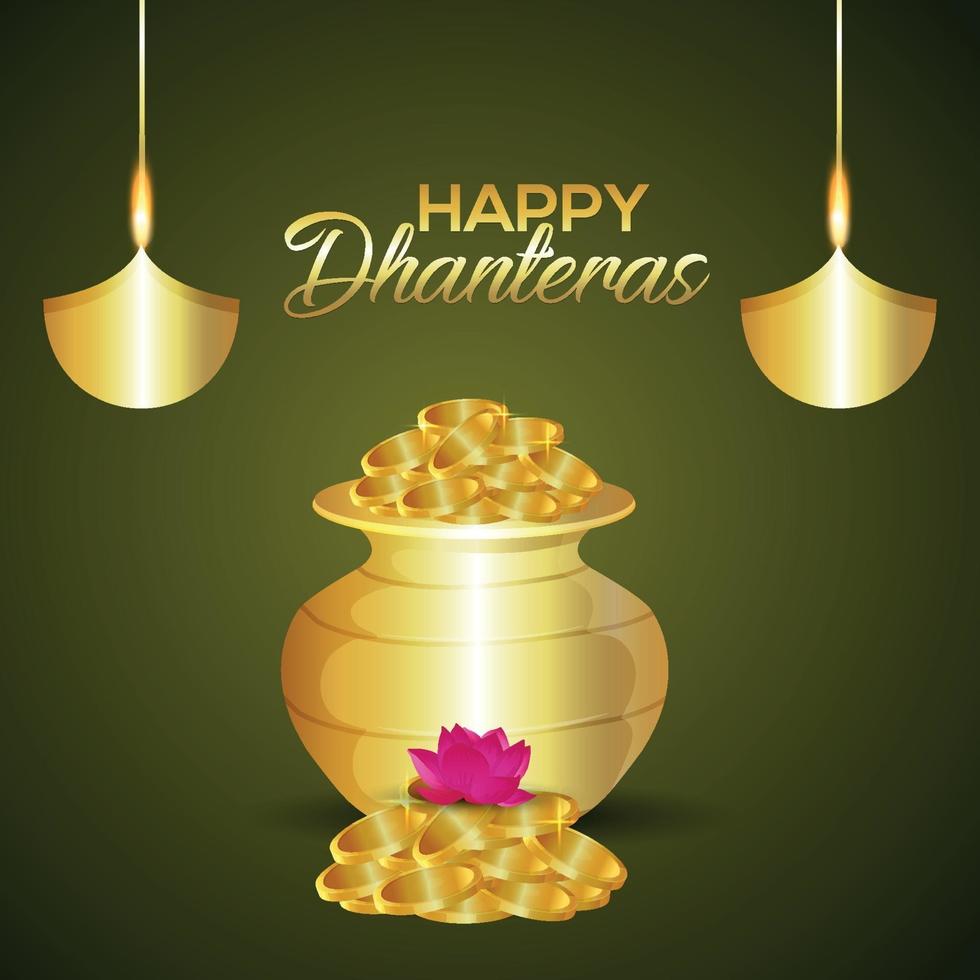 Tarjeta de felicitación de invitación shubh dhanteras con ilustración vectorial de olla de monedas de oro vector