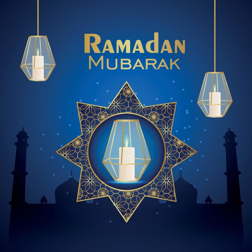 Ramadan kareem islamic festival celebration greeting card with crystal lantern vector