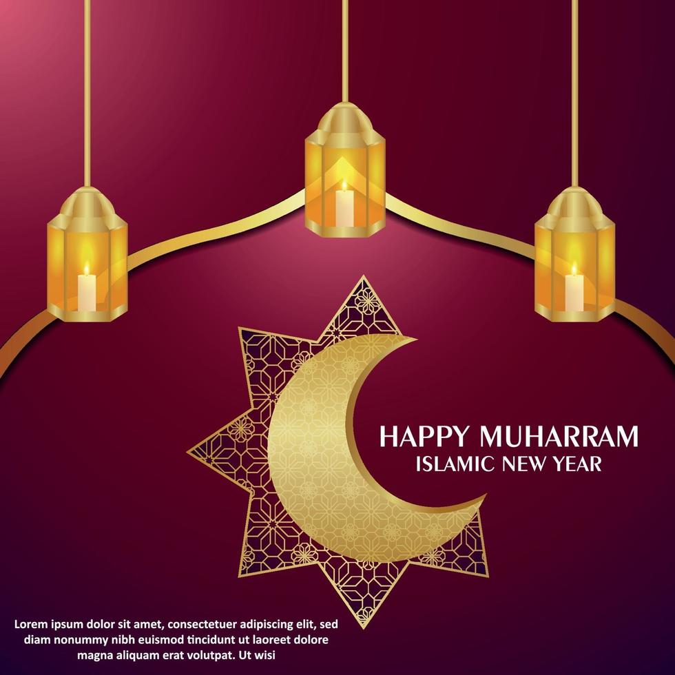 Happy muharram islamic new year with arabic pattern golden moon and lantern vector