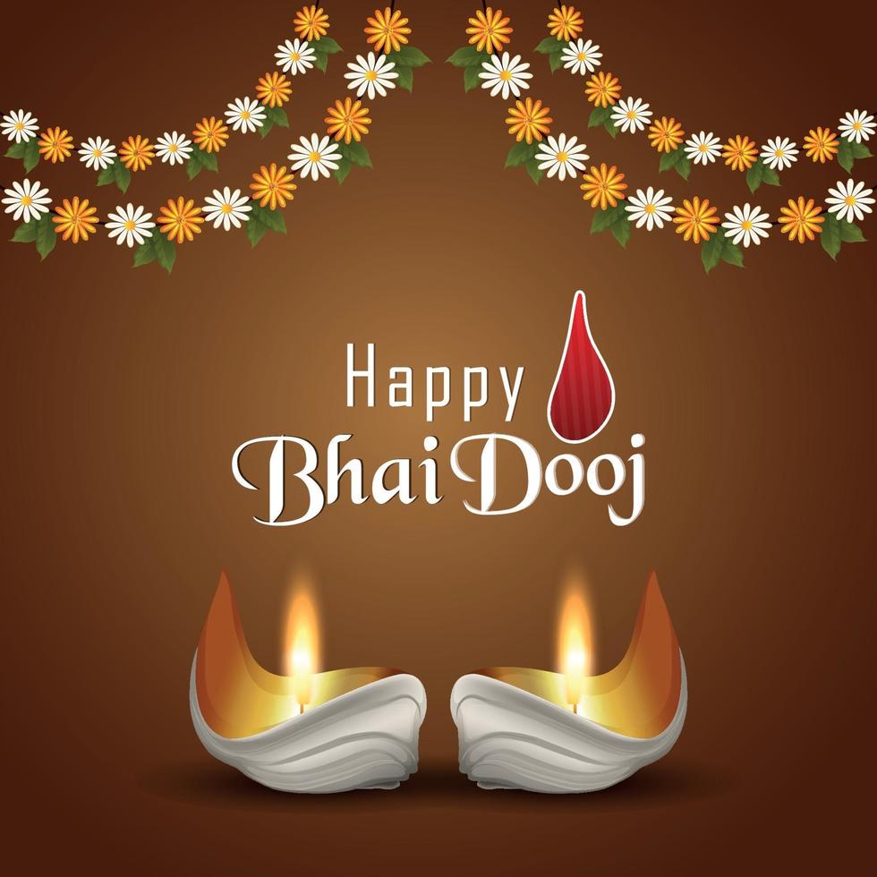 Happy bhai dooj indian festival invitation greeting card with diwali diya vector