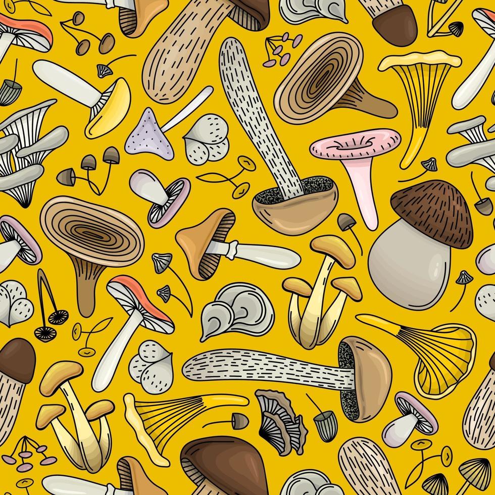 YELLOW BACKGROUND WITH COLORFUL MUSHROOMS vector