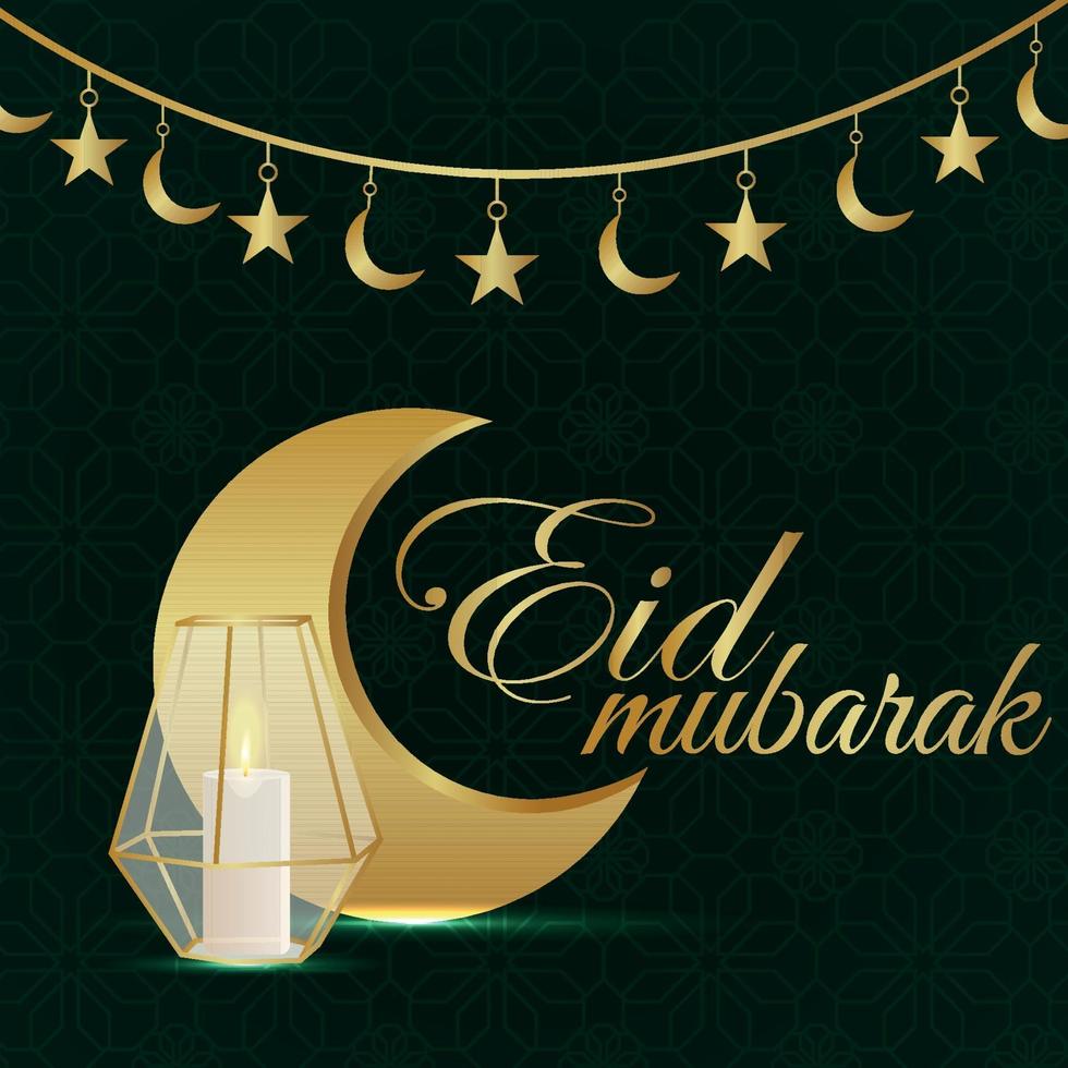 Eid mubarak celebration with golden moon and lantern vector
