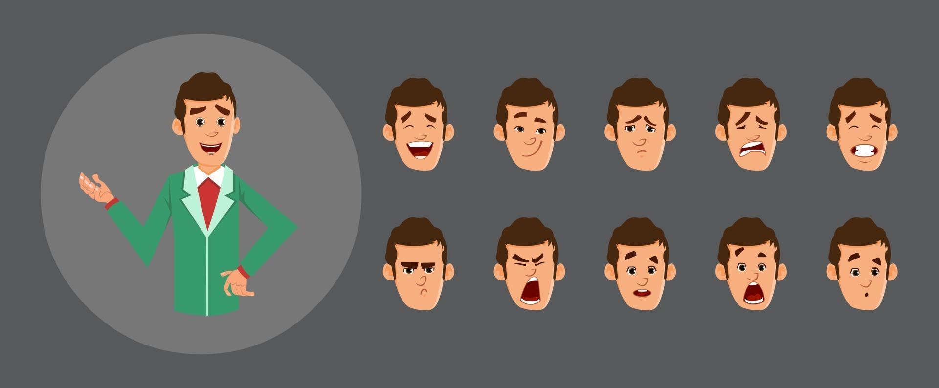 cute businessman avatar with various facial emotions and lip sync. character for custom animation. vector