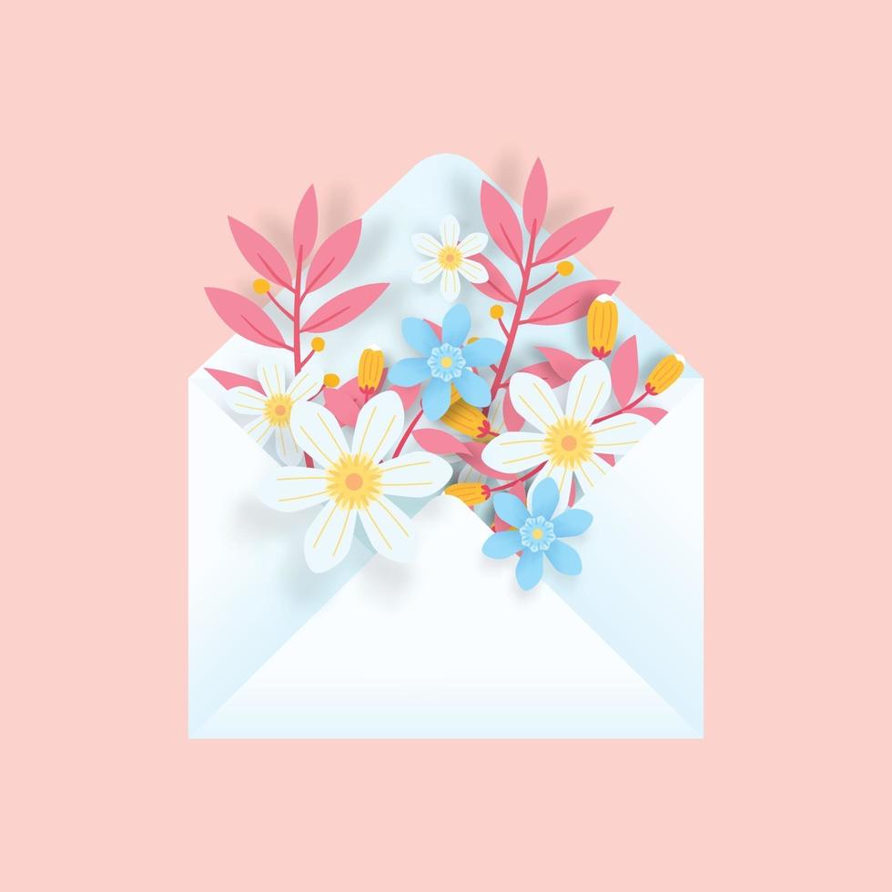 Sobre 3d con flores sobre fondo rosa. arte colorido del papel 3d de la primavera. diseño de pancarta, póster. vector