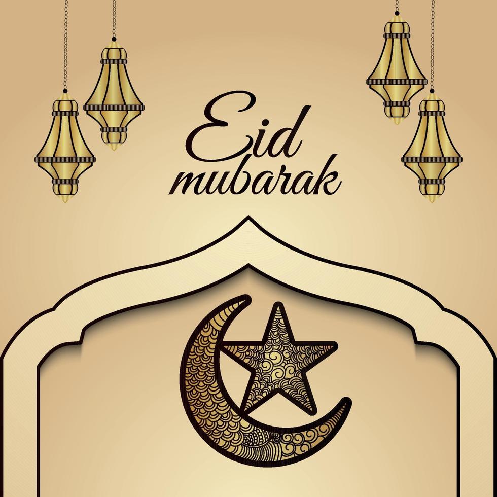 Eid mubarak islamic festival invitation greeting card with golden lantern and hand draw moon vector