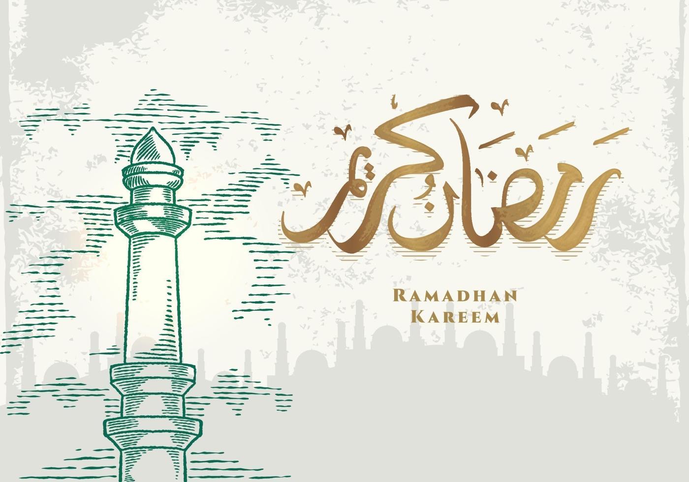 tarjeta de felicitación de ramadan kareem con torre de la mezquita verde vector