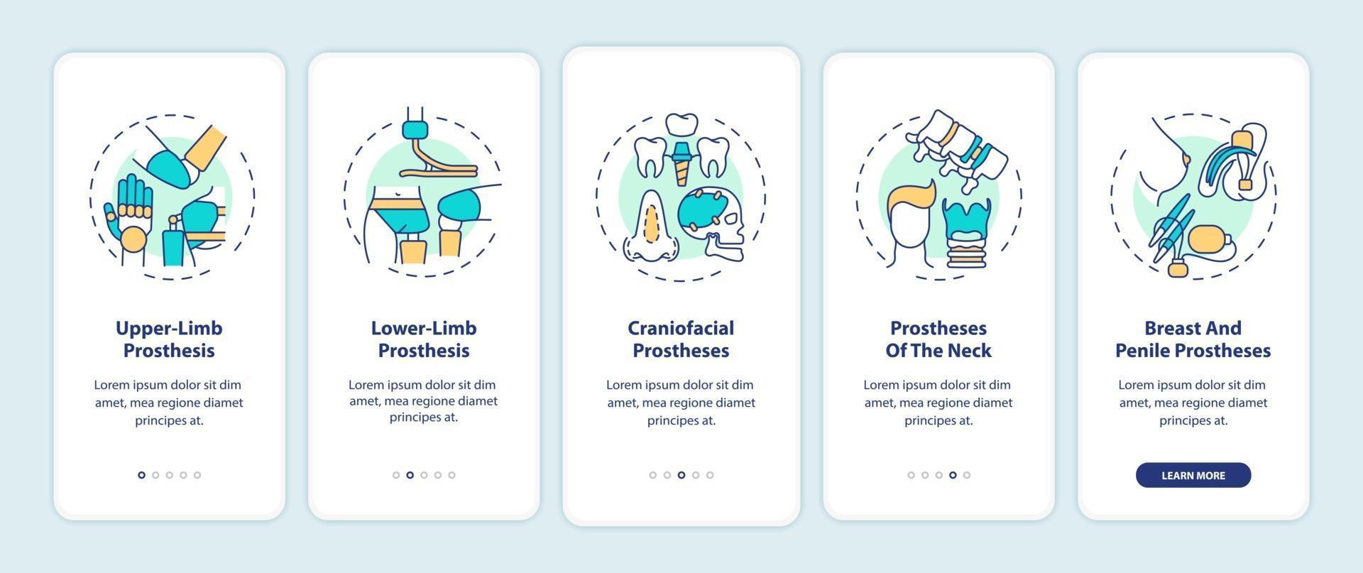 Prostheses types onboarding mobile app page screen with concepts vector