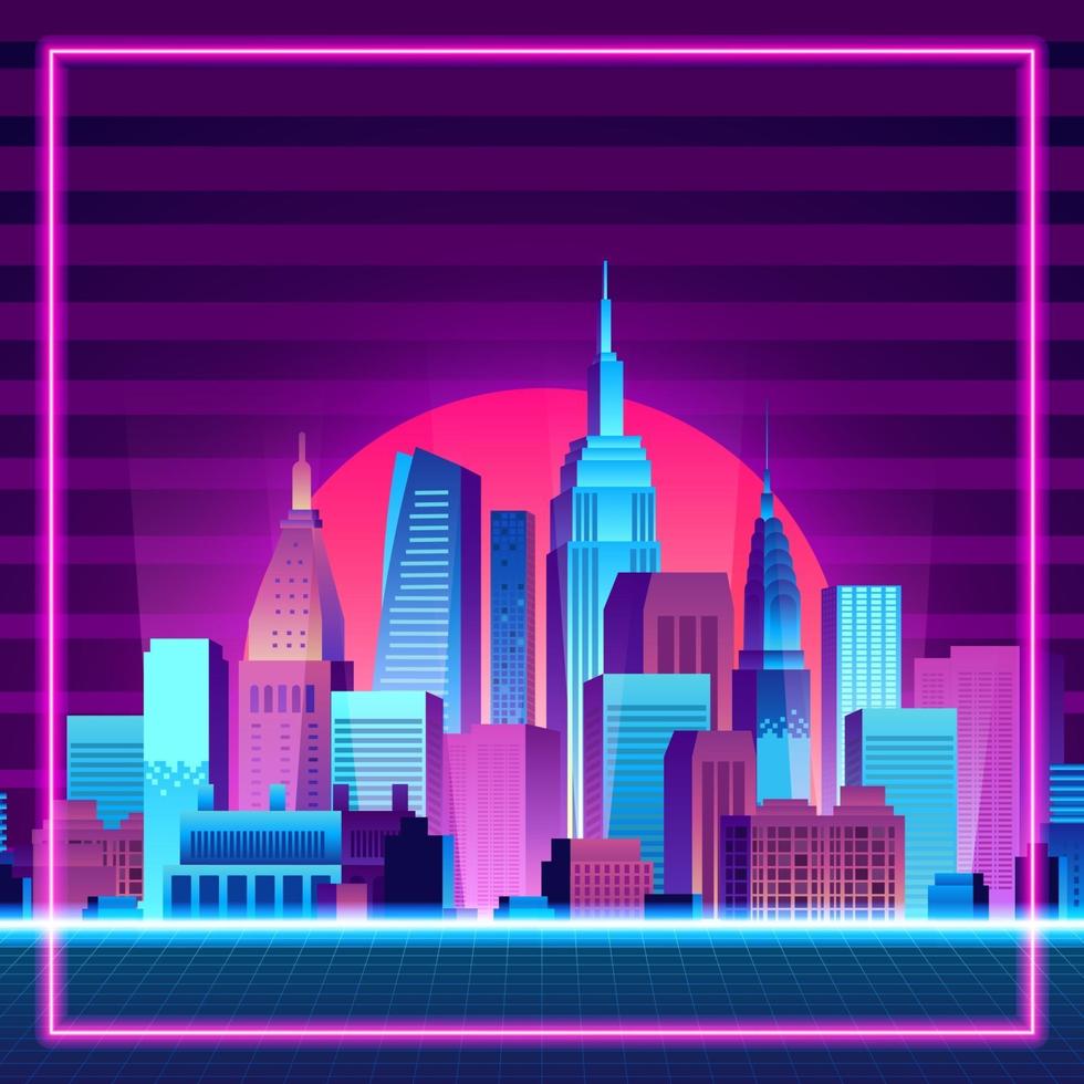 gran ciudad silueta urbana rascacielos edificio puesta de sol neón azul rosa púrpura color retro 80 estilo vintage con fondo degradado vector