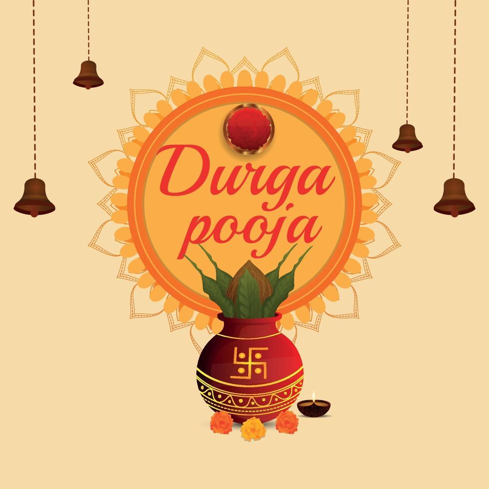 Durga pooja celebration flat design concept with traditional kalash vector