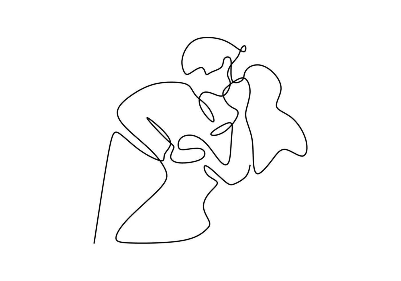 dibujo de línea continua de pareja romántica besándose para San Valentín. elegante pareja bailando y besándose muy atractiva. vector