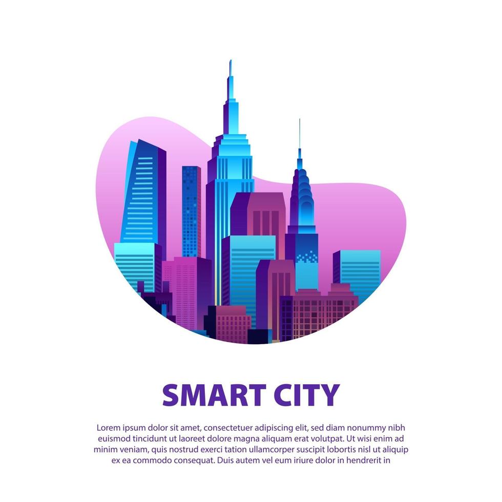 Concept of smart city illustration with modern pop colorful big city urban building skyscraper with gradient color and white background vector