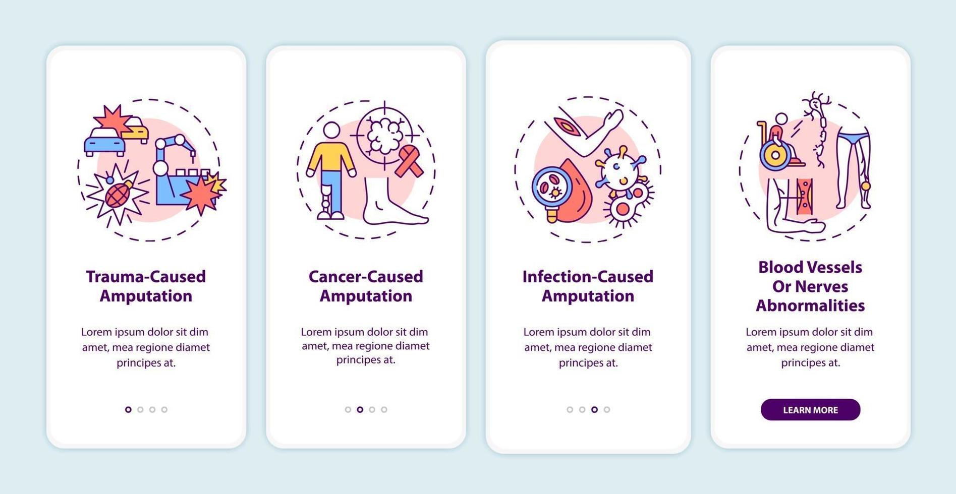 Amputation causes onboarding mobile app page screen with concepts vector