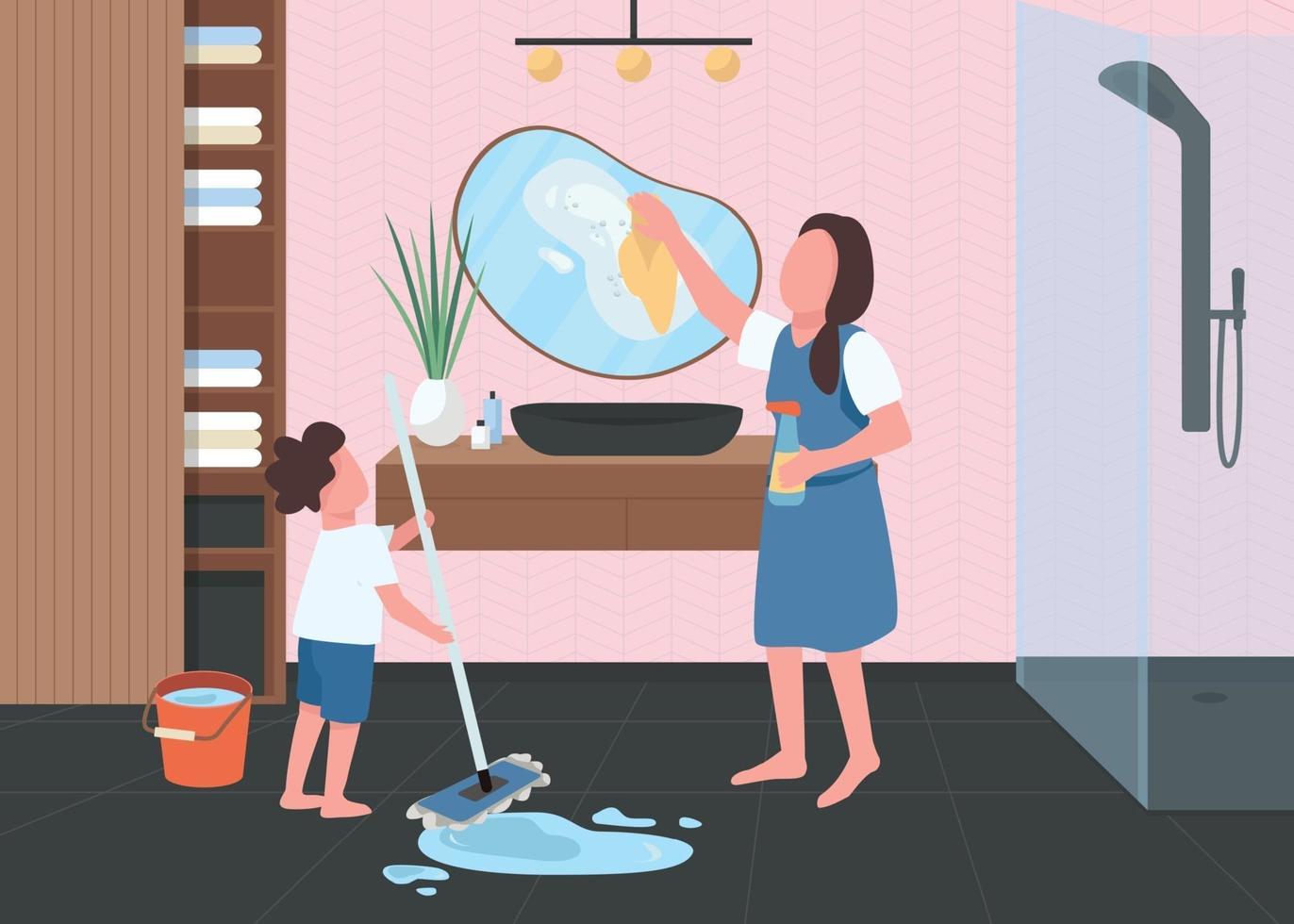 Spring cleaning in bathroom flat color vector illustration