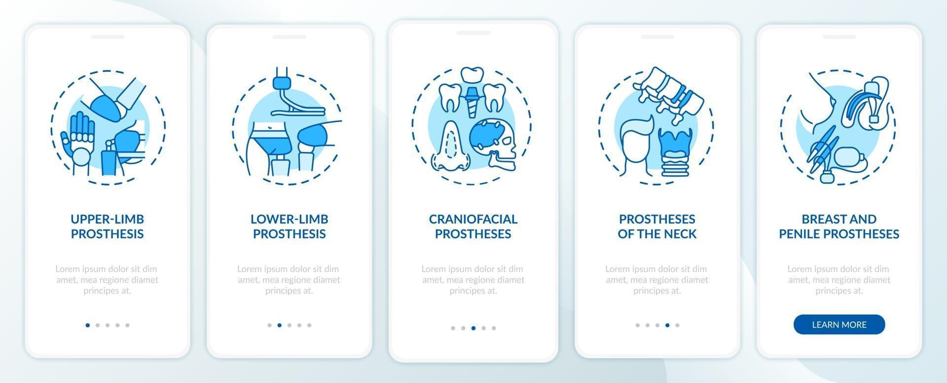 Implants types onboarding mobile app page screen with concepts vector