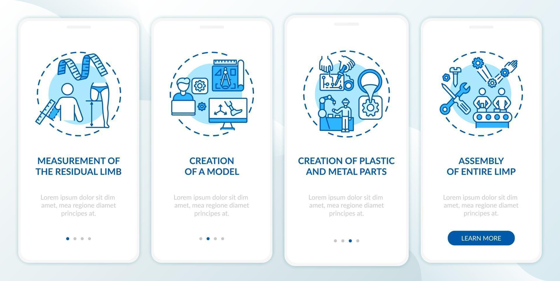 Prosthetics manufacturing onboarding mobile app page screen with concepts vector