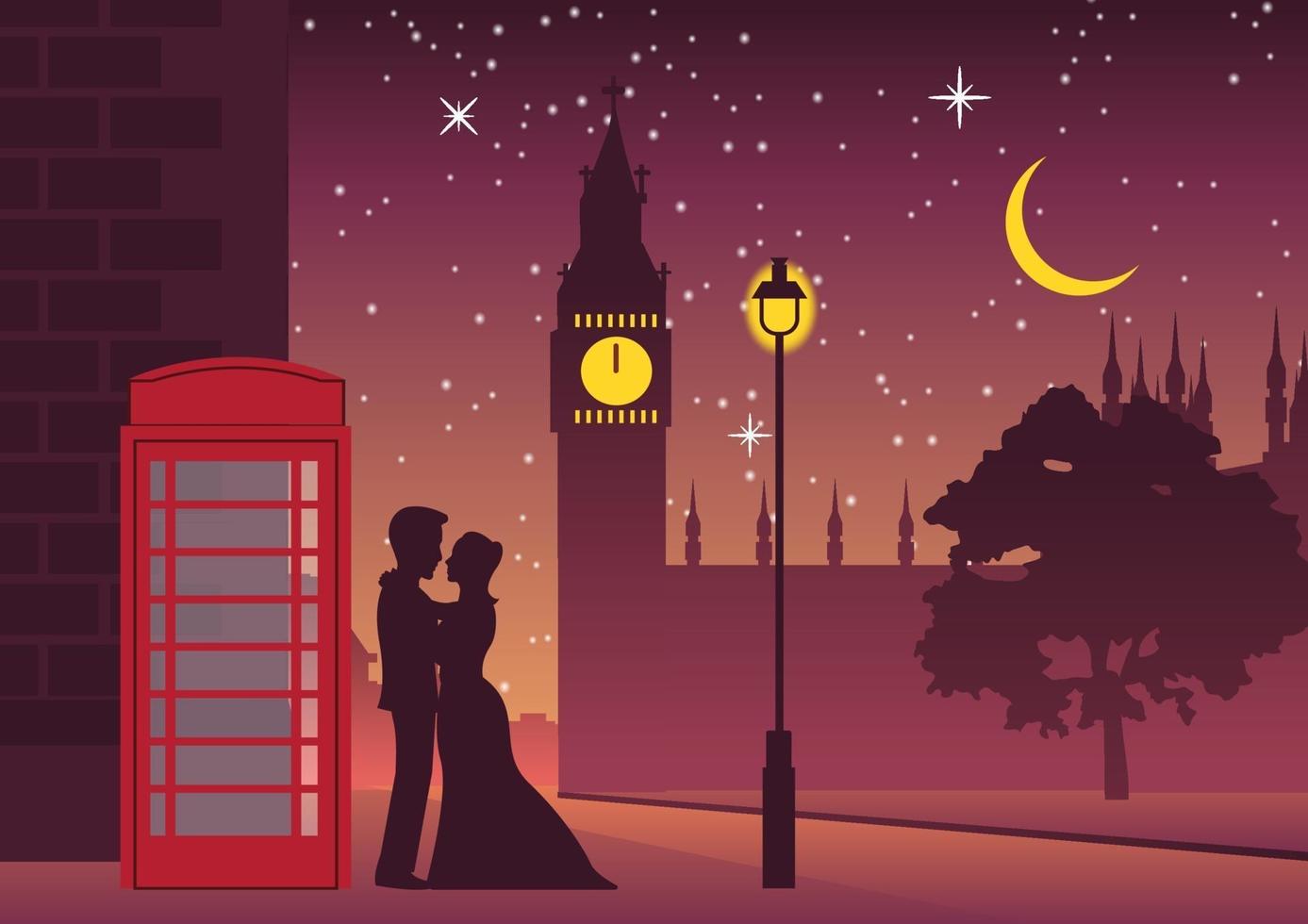 Pareja abrazo cerca de la cabina telefónica en el Big Ben, símbolo de Londres vector