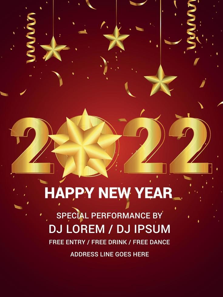 Happy new year 2022 with golden text effect on red background vector