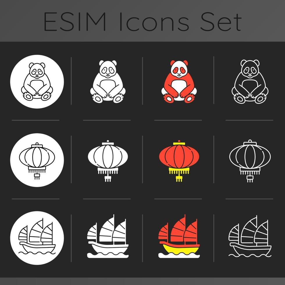 conjunto de iconos de tema oscuro de asia vector