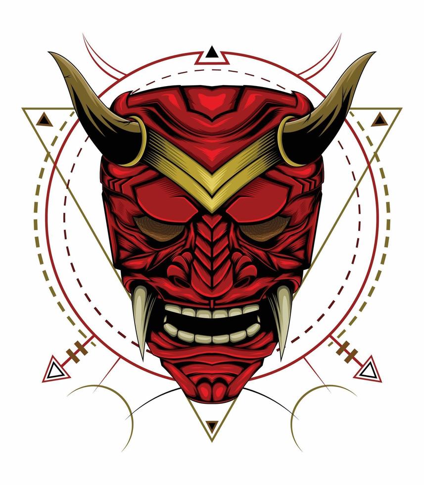 Kabuki illustration. red devil face illustration. head of red demon. Japanese samurai mask vector