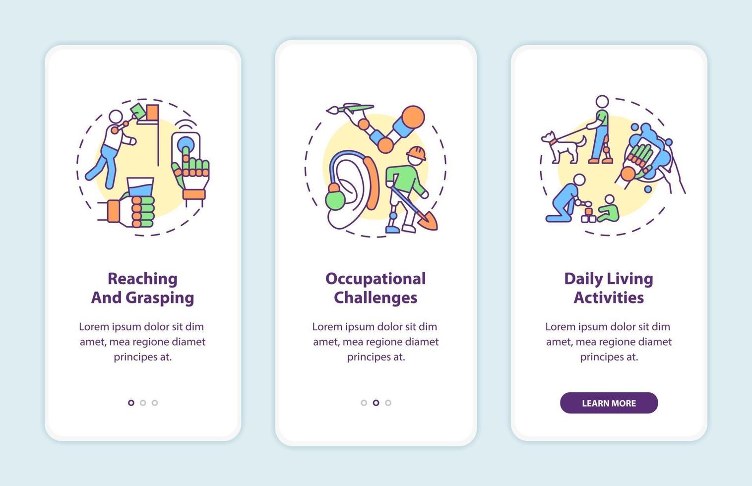Upper-limb prostheses tasks onboarding mobile app page screen with concepts vector