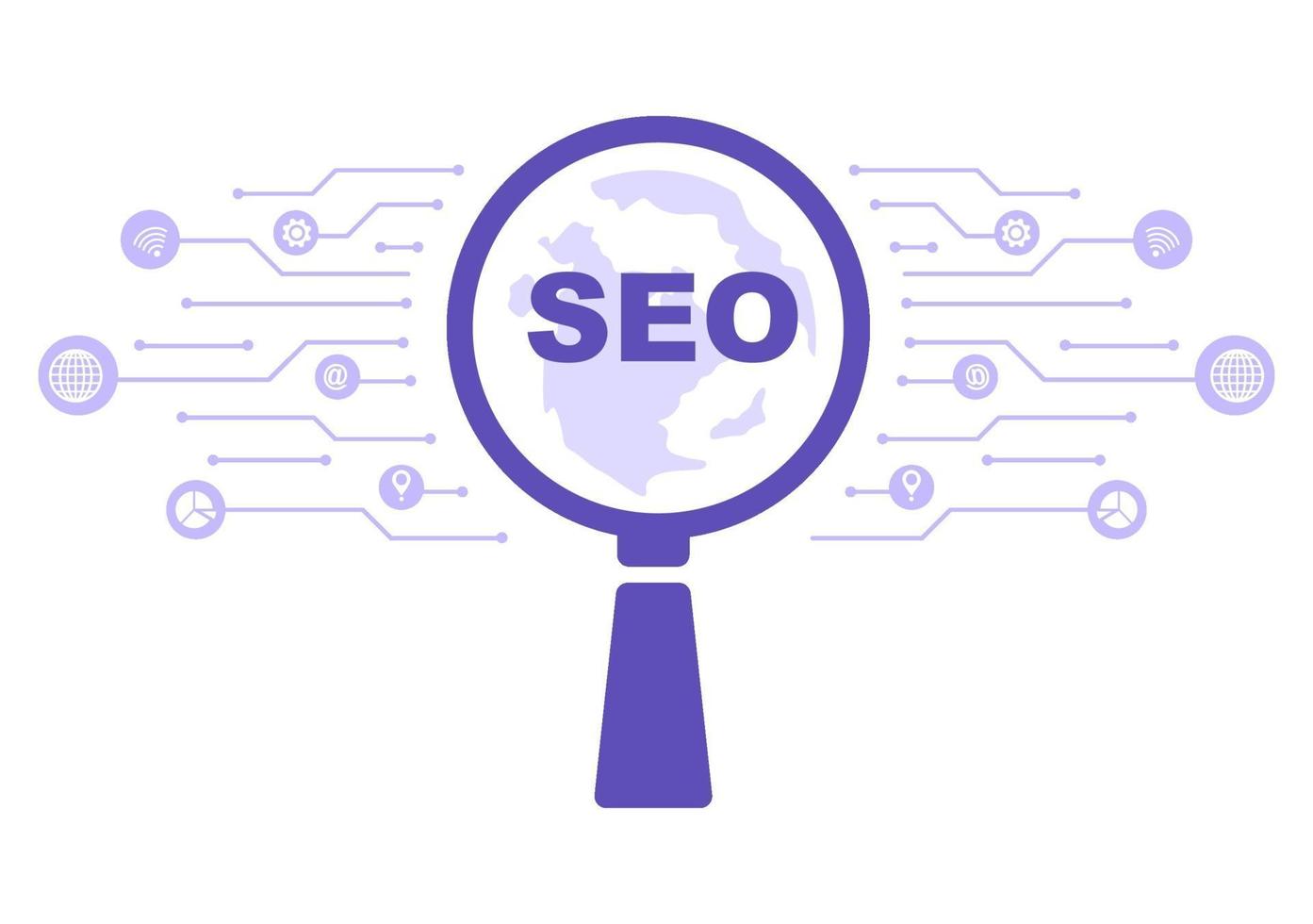 Ilustración de vector de optimización seo para motor de búsqueda, desarrollo de aplicaciones, páginas web y marcadores. página de destino o plantilla de banner