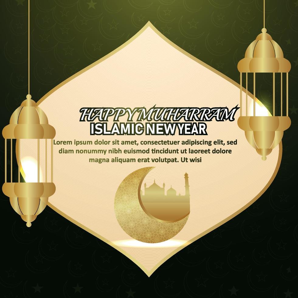 Happy muharram islamic new year invitation greeting card with arabic golden lantern and pattern golden moon vector