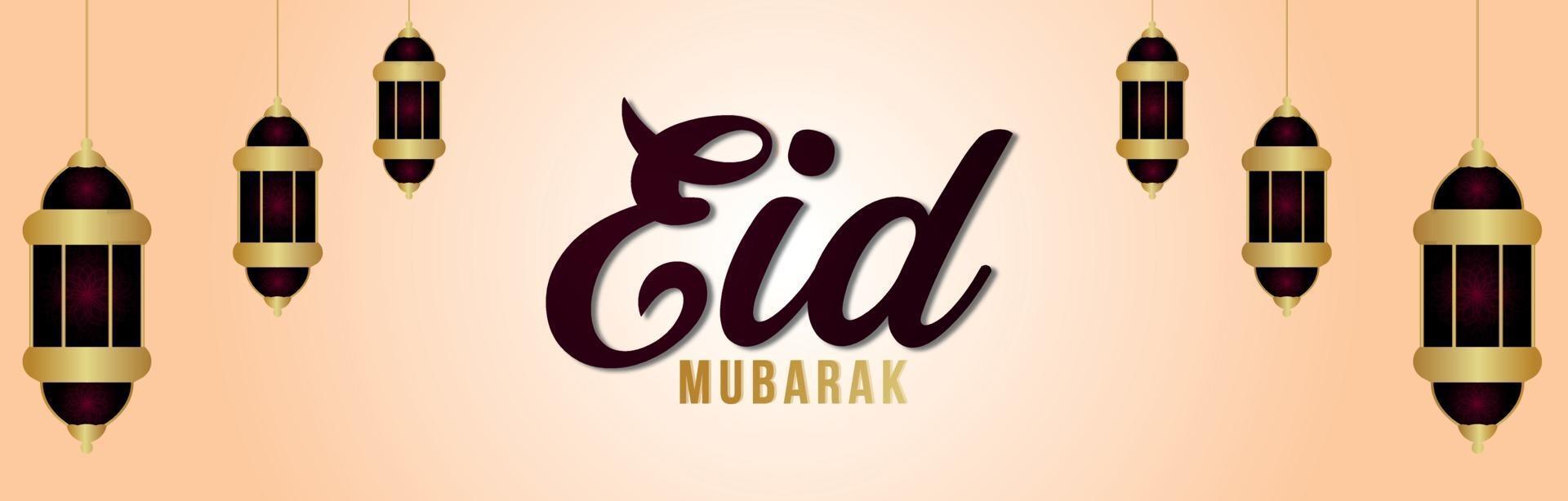 Eid mubarak islamic festival banner or header with creative realistic lantern vector