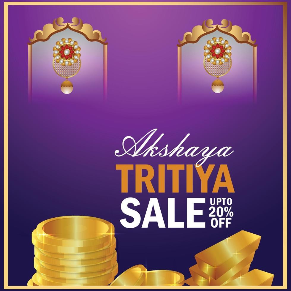 Fondo de venta de akshaya tritiya con moneda de oro y aretes de oro. vector